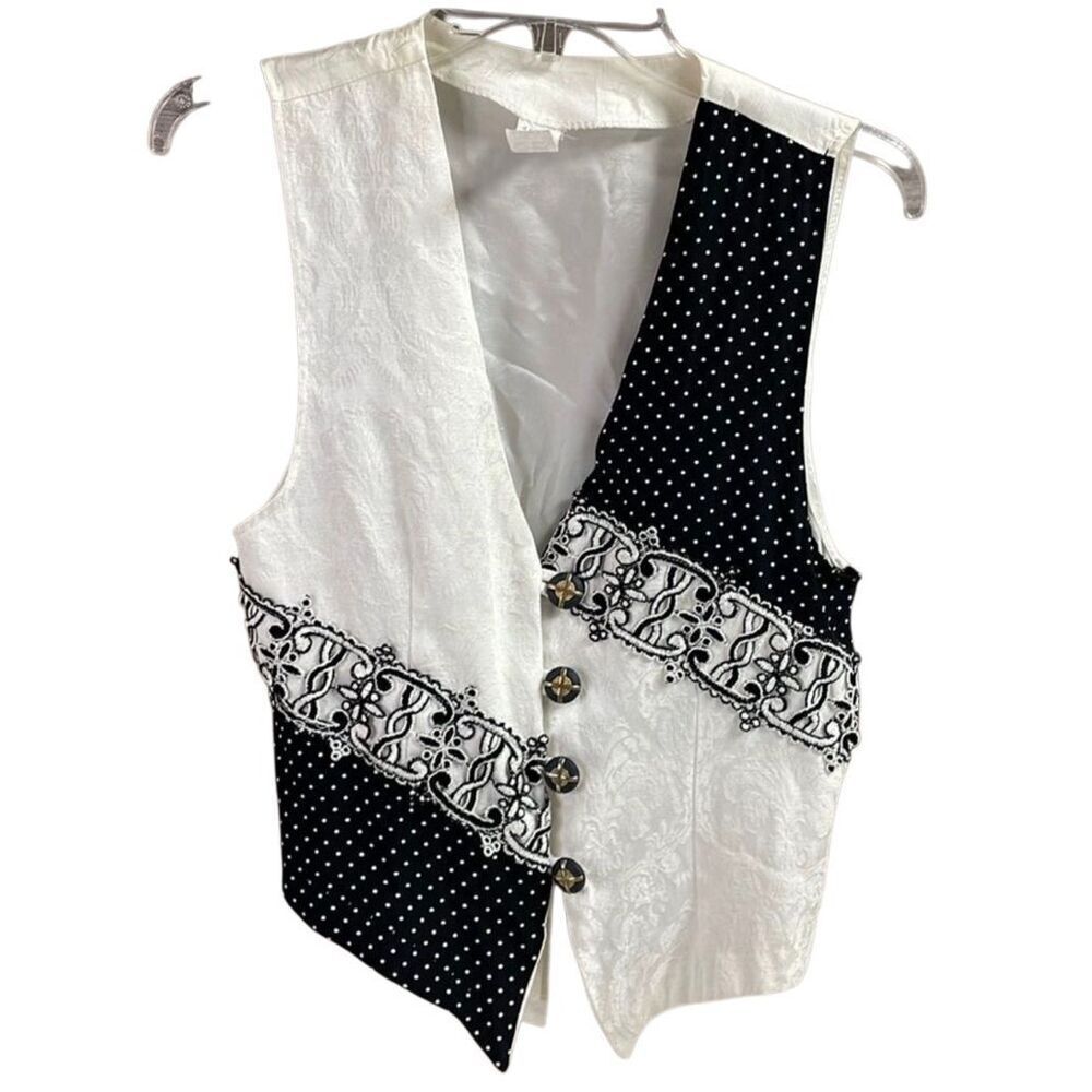 Vintage USA Acetate Rayon Vest Size Medium Black White Polka Dot Boho Cottagecor